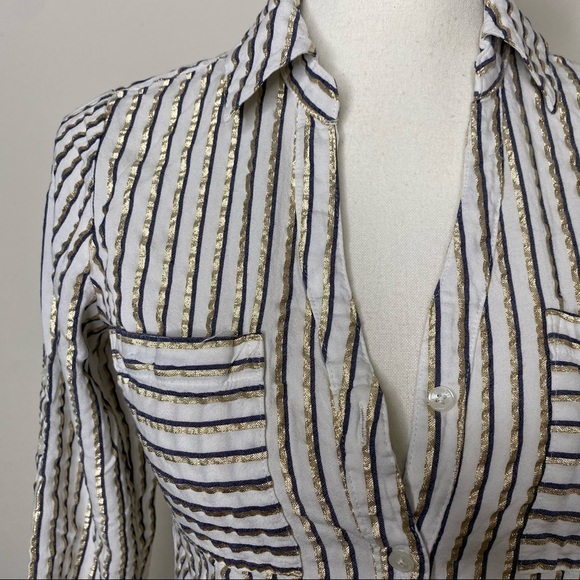 Express The Portofino Shirt Gold White Blue Striped Women's Sz Slim Small - Picture 3 of 9